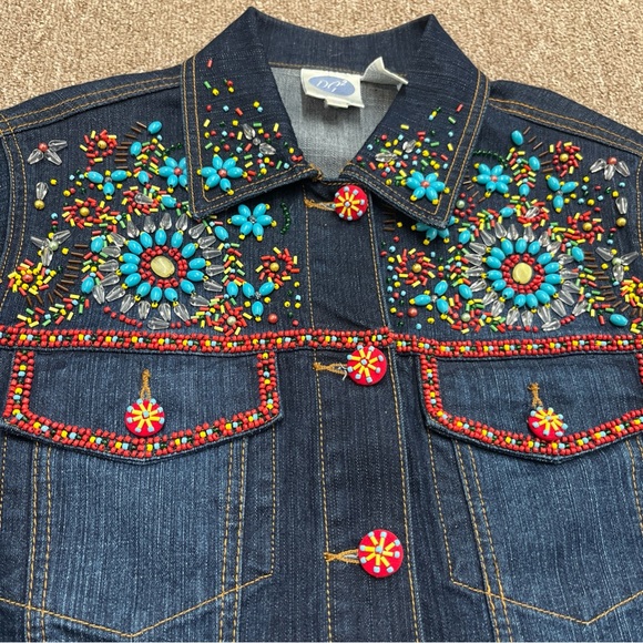 DG2 Diane Gilman Denim Jacket Sz XS Beaded Southwestern Faux Turquoise - Picture 3 of 10